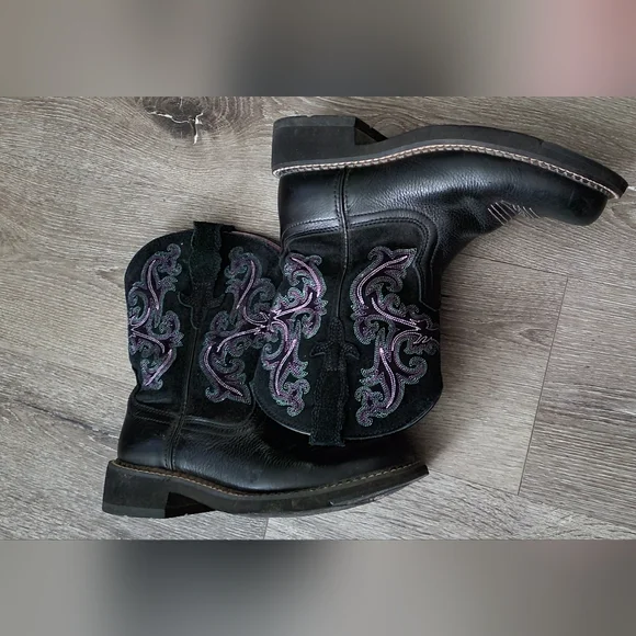 Black and Purple Ariat Leather Embroidered Women's Boots - Picture 6 of 12